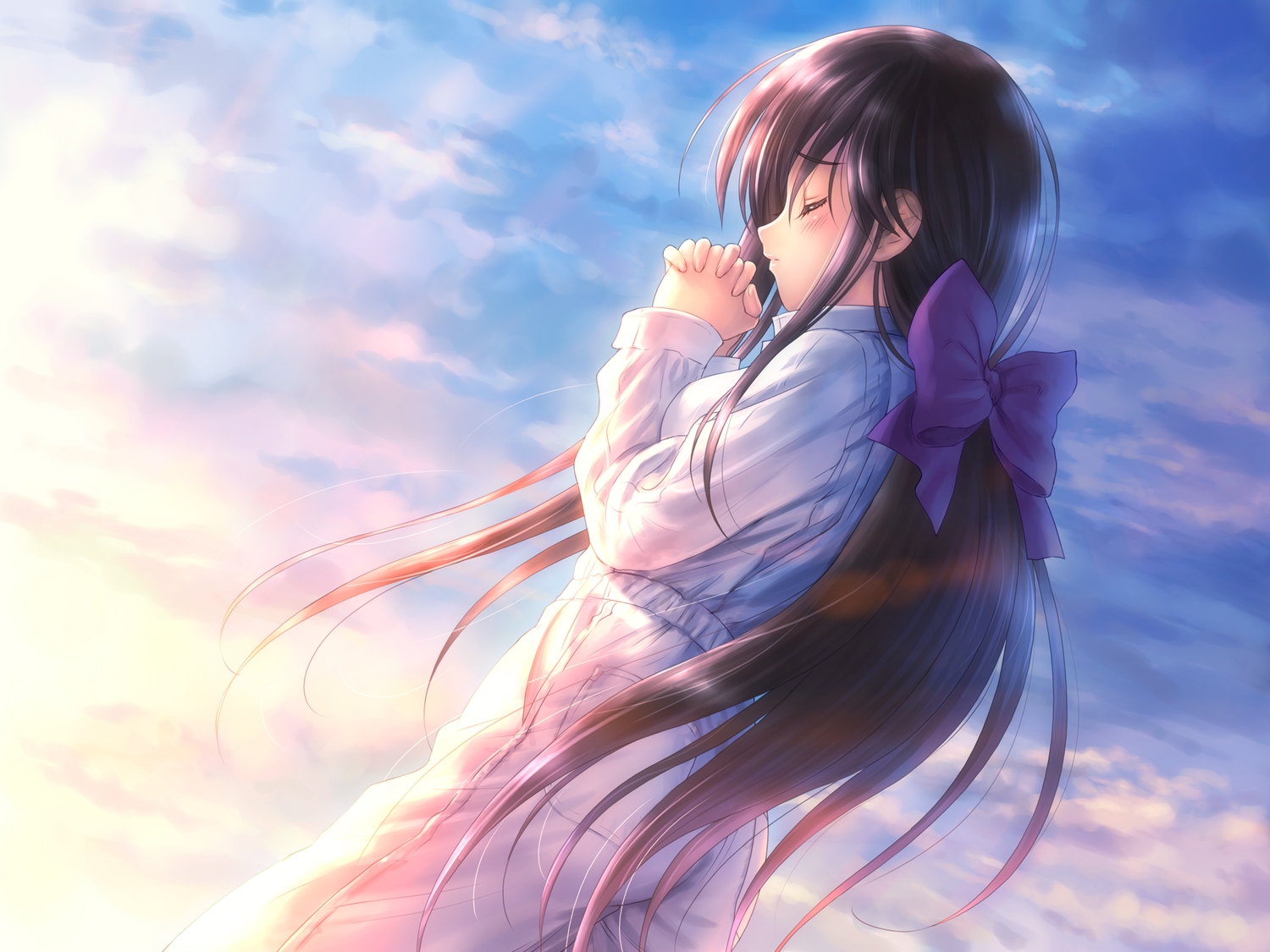 blush, bow, brown_hair, goto_p, long_hair, narcissu, shinohara_himeko, sky