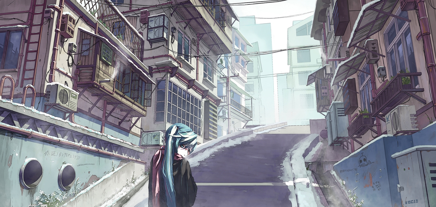 animal, aqua_eyes, aqua_hair, building, city, flowers, graffiti, hatsune_miku