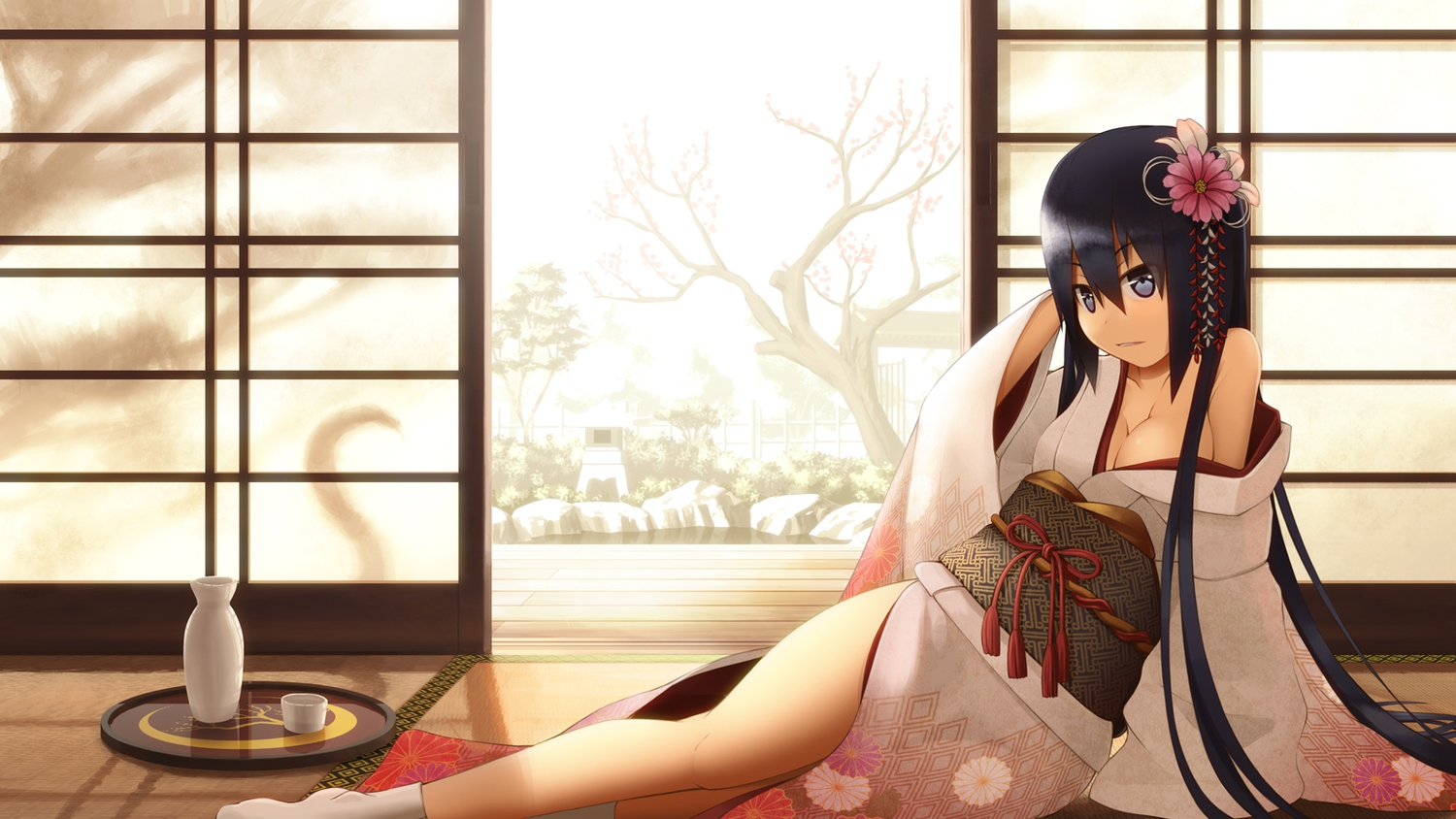 black_hair, breasts, cleavage, drink, japanese_clothes, kimono, long_hair, onsen