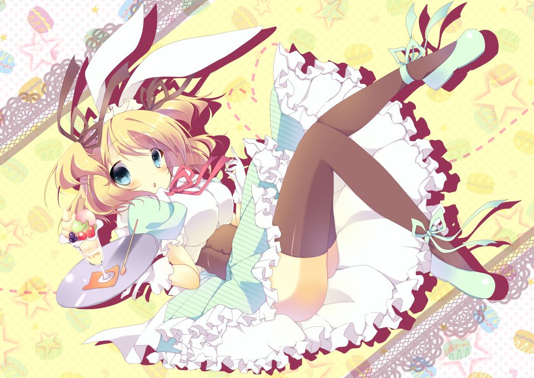 animal_ears, blonde_hair, blue_eyes, bunny_ears, bunnygirl, dress, food, ice_cream