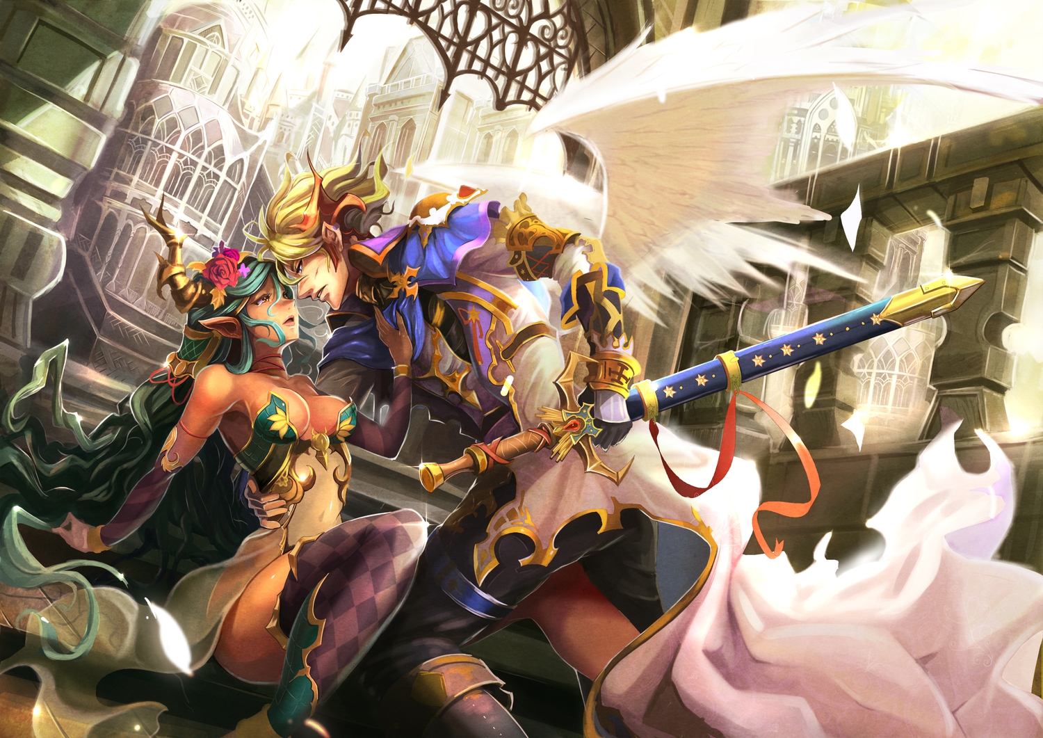 armor, blonde_hair, blue_hair, breasts, building, city, cleavage, flowers, gloves, horns, jizero, long_hair, navel, original, pointed_ears, ribbons, rose, short_hair, sword, thighhighs, weapon, wings, yellow_eyes