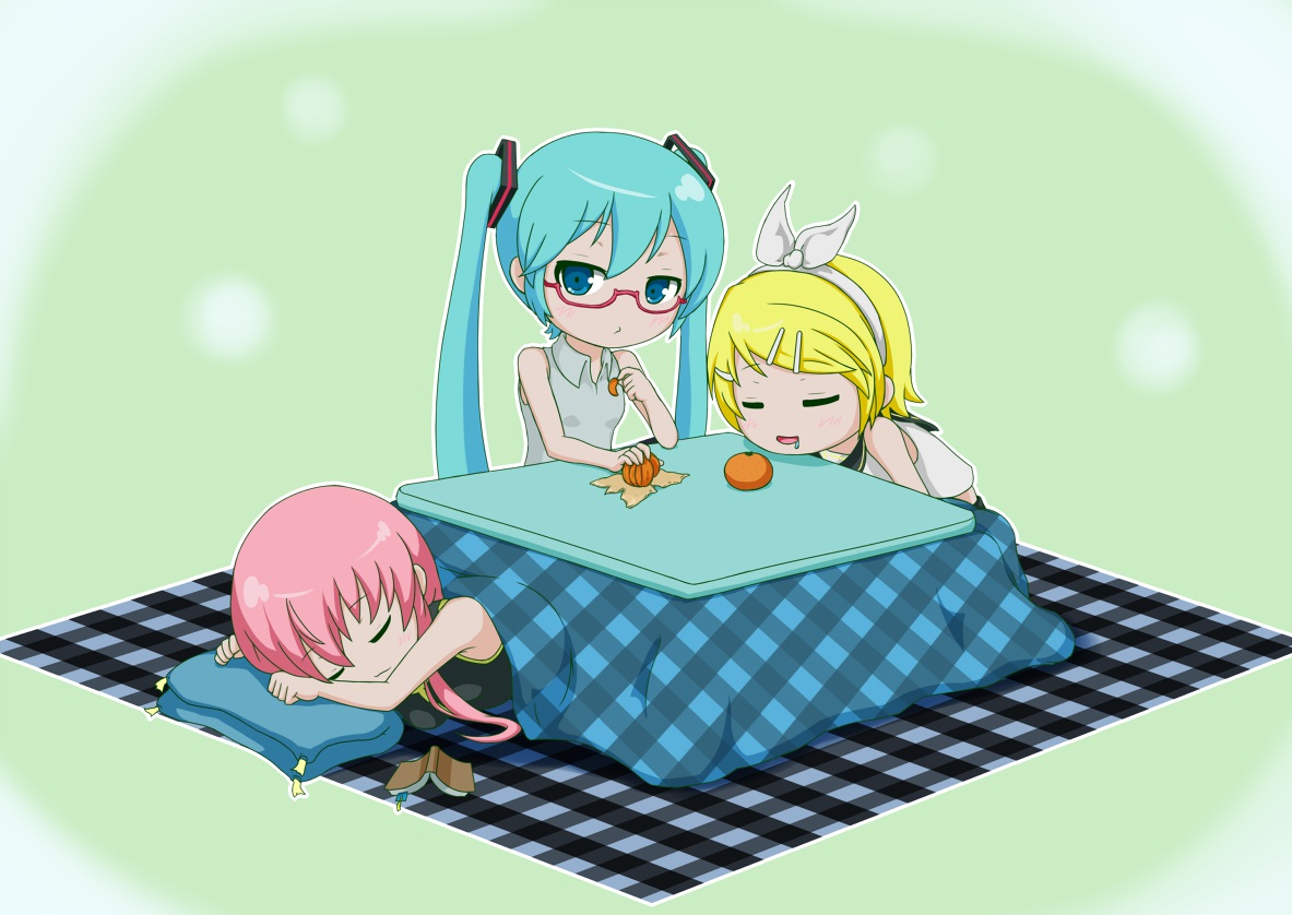 aqua_hair, blonde_hair, blue_eyes, book, bow, food, fruit, glasses, hatsune_miku, kagamine_rin, long_hair, megurine_luka, orange_(fruit), pink_hair, short_hair, sleeping, twintails, vocaloid, yuta1147