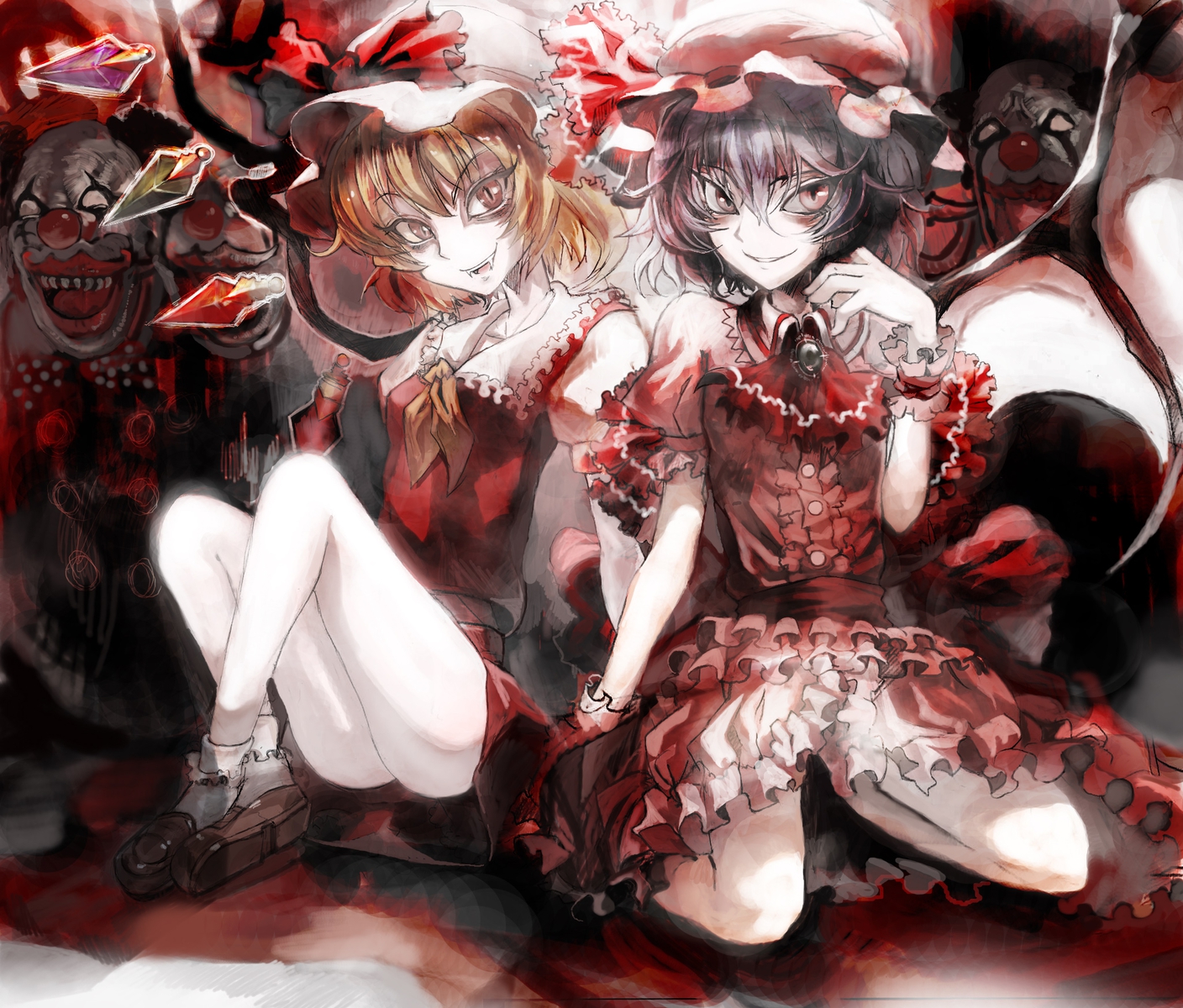2girls, blonde_hair, blue_hair, dress, fang, flandre_scarlet, hat, red_eyes