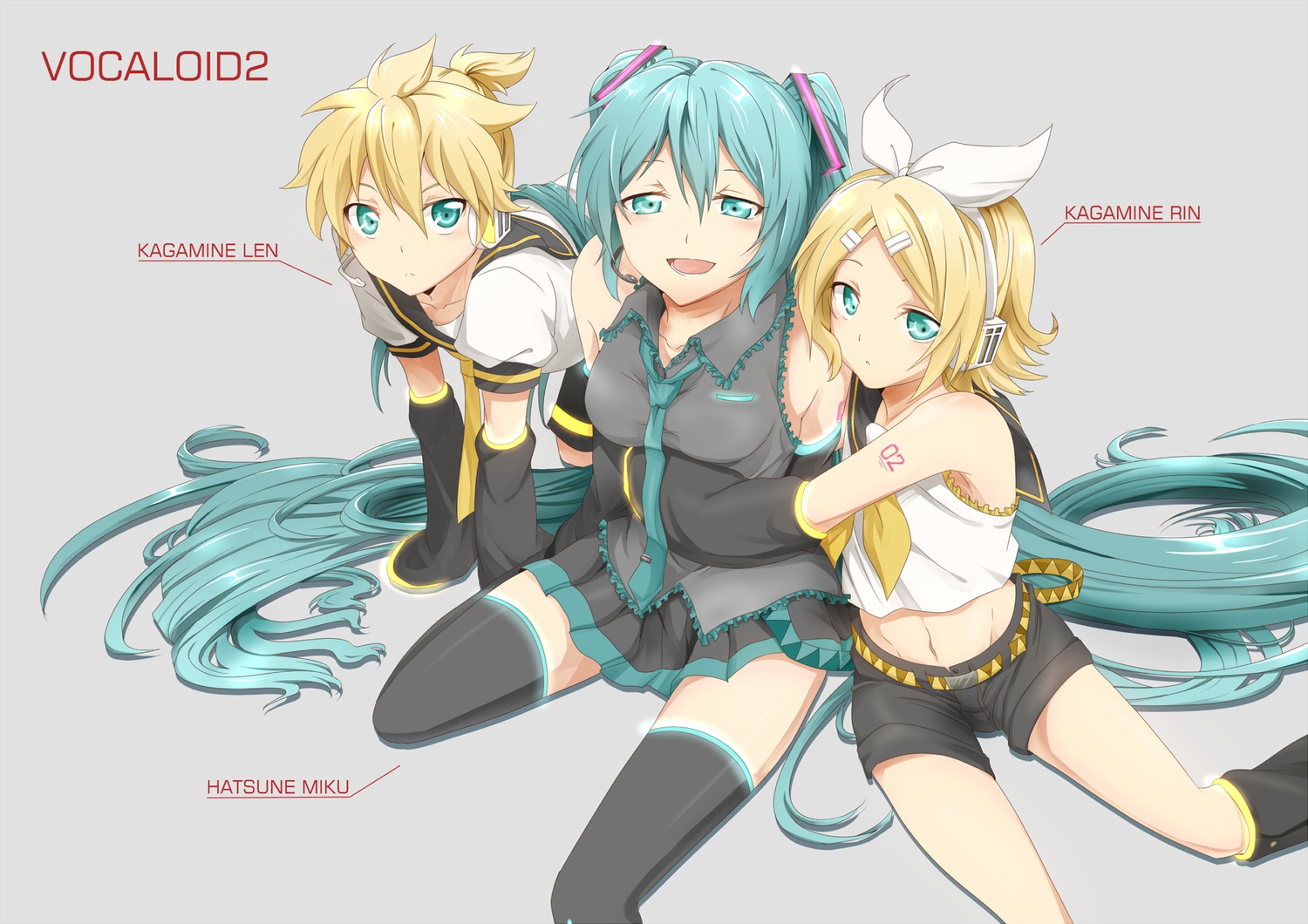 aqua_eyes, aqua_hair, blonde_hair, bow, hatsune_miku, headphones, hug, kagamine_len