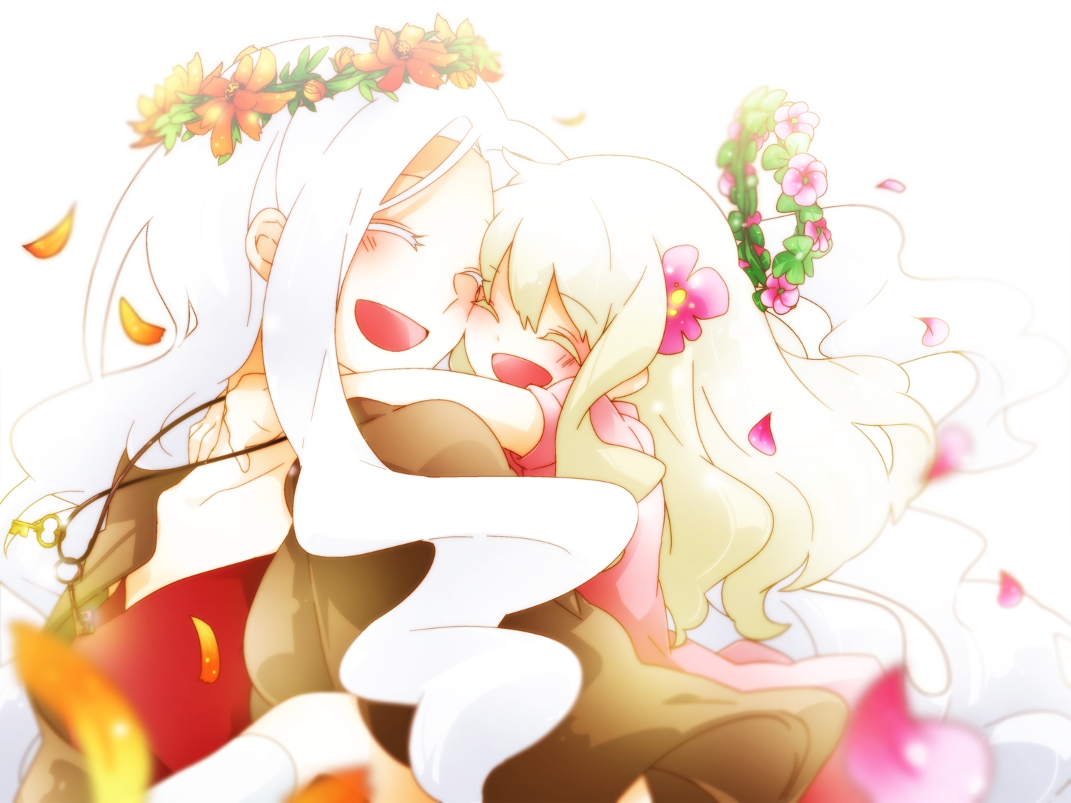 2girls, blonde_hair, blush, flowers, headdress, hug, imagination_forest_(vocaloid), kagerou_project