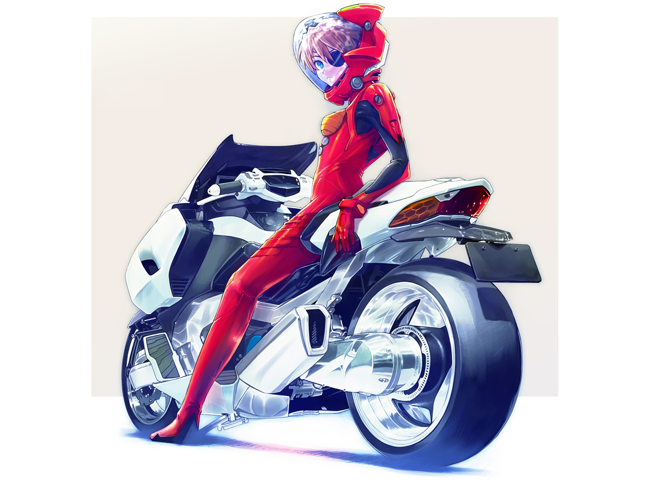 bodysuit, boyaking, eyepatch, jpeg_artifacts, motorcycle, neon_genesis_evangelion, skintight, soryu_asuka_langley