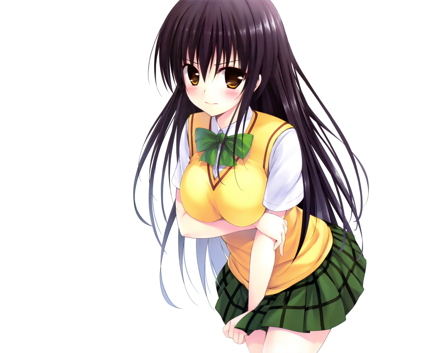 black_hair, blush, breast_hold, kotegawa_yui, koyaya, long_hair, school_uniform, skirt, to_love_ru, white