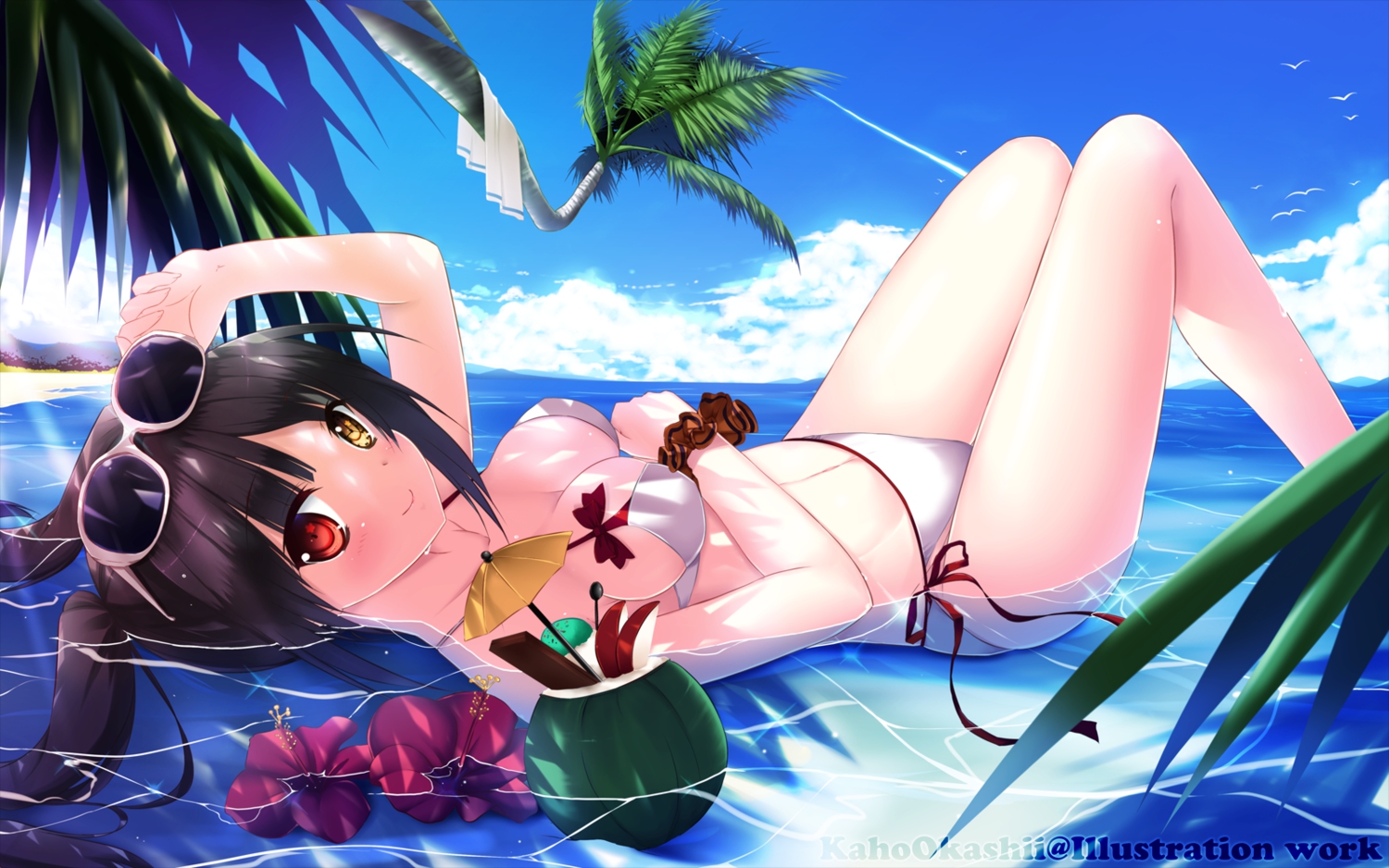 bicolored_eyes, bikini, breasts, cleavage, date_a_live, flowers, kaho_okashii, sunglasses, swimsuit, tagme, tokisaki_kurumi, twintails, water, wet