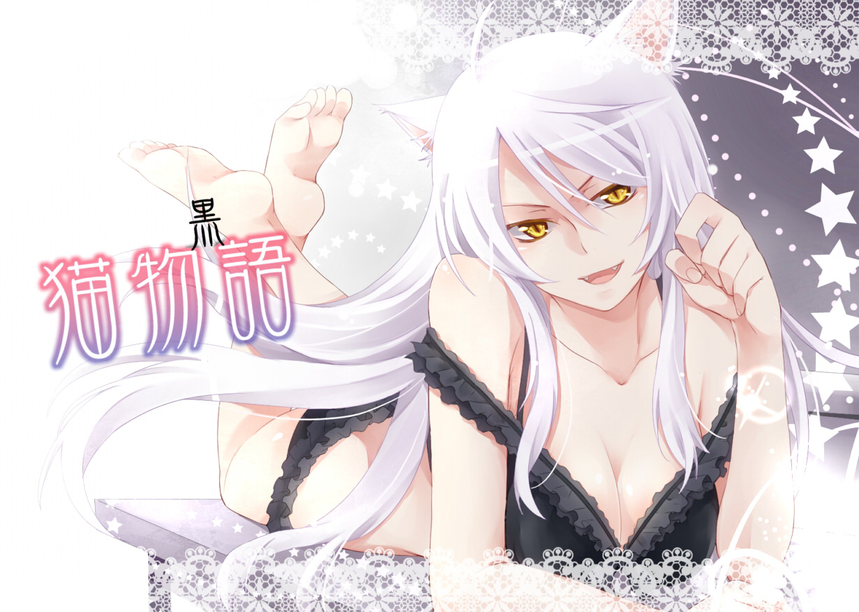 animal_ears, breasts, cleavage, hanekawa_tsubasa, monogatari_(series), nekomonogatari, shima_riu, white_hair, yellow_eyes