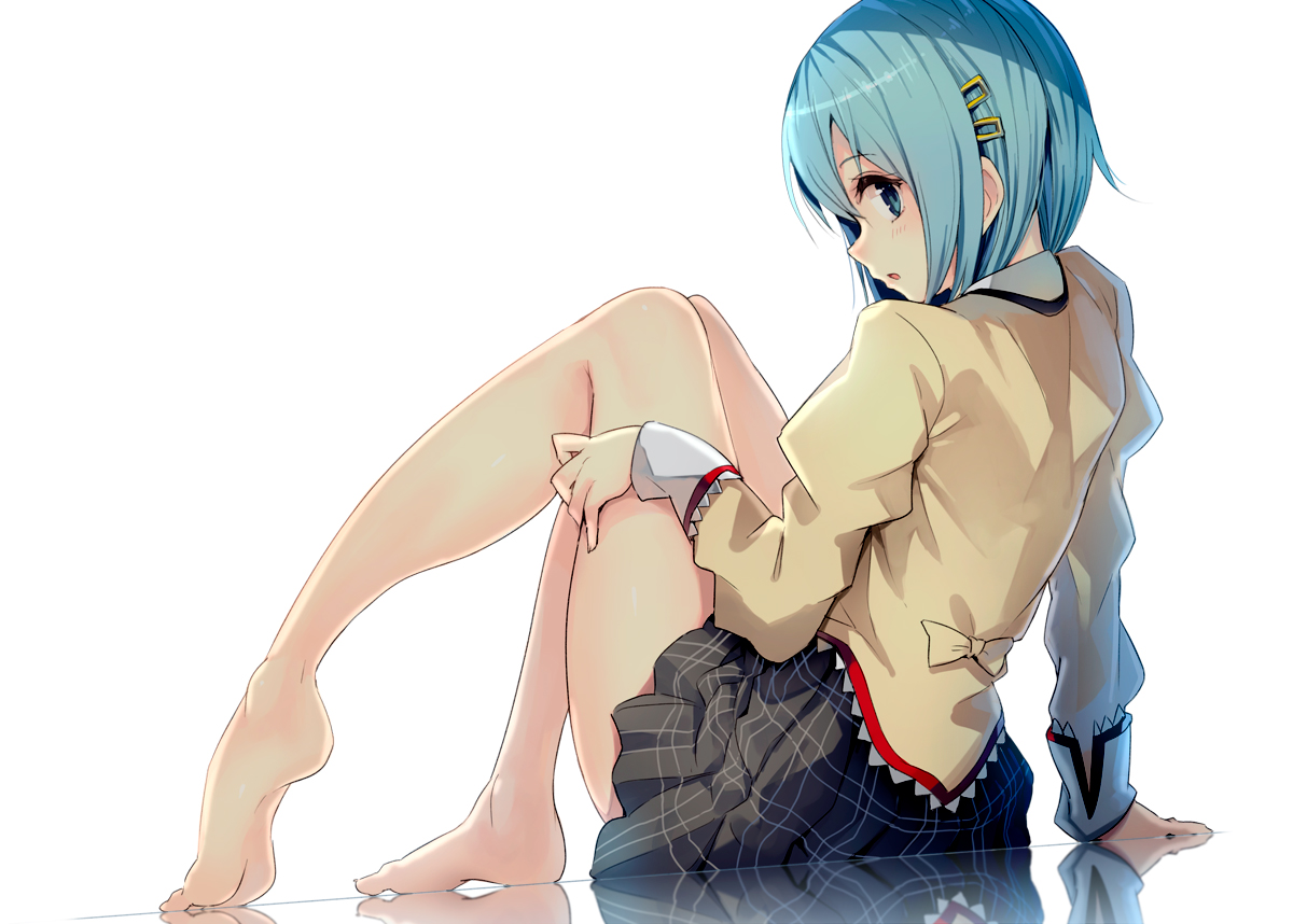 barefoot, blue_eyes, blue_hair, mahou_shoujo_madoka_magica, miki_sayaka, paseri, school_uniform, short_hair