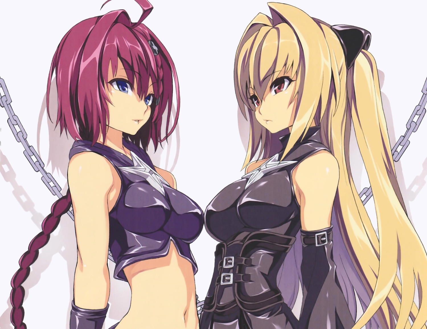 blonde_hair, blue_eyes, brown_eyes, chain, dairiseki, golden_darkness, kurosaki_mea, long_hair, navel, red_hair, short_hair, to_love_ru, to_love_ru_darkness