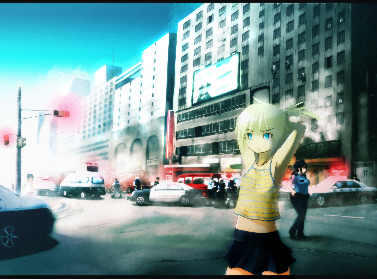 blonde_hair, blue_eyes, city, navel, onibi_(foxhound4185), original, police, skirt