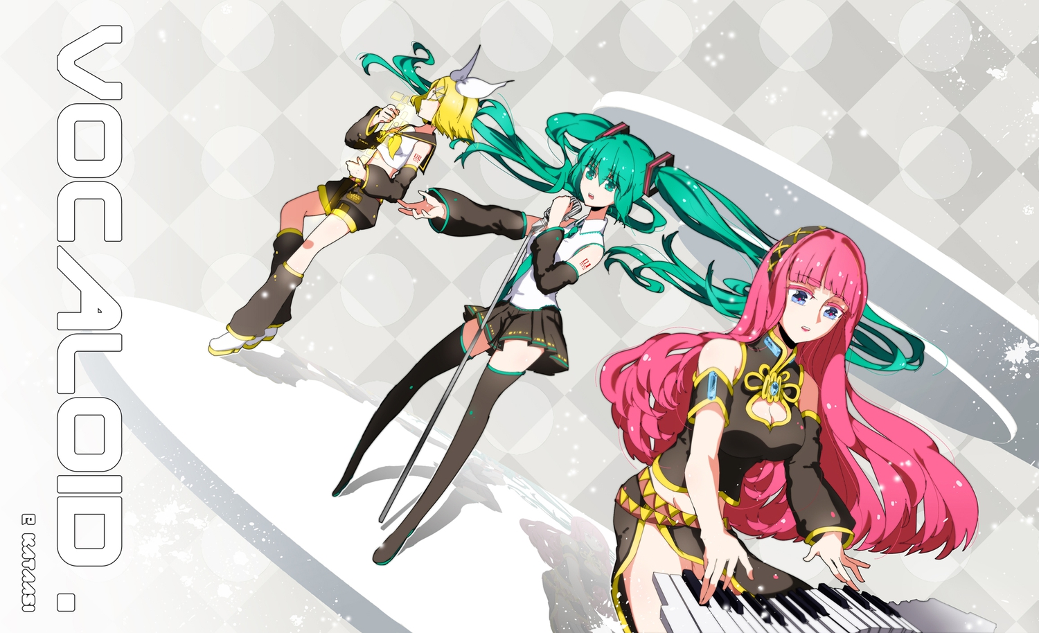 hatsune_miku, instrument, kagamine_rin, megurine_luka, microphone, piano, pianzu_mao, vocaloid