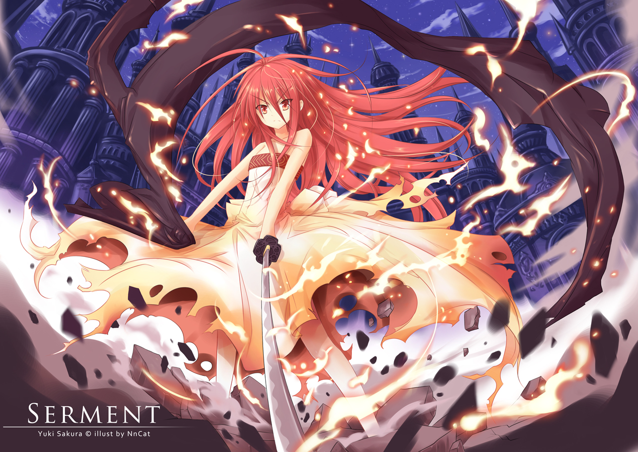 building, dress, fire, katana, long_hair, nncat, red_eyes, red_hair