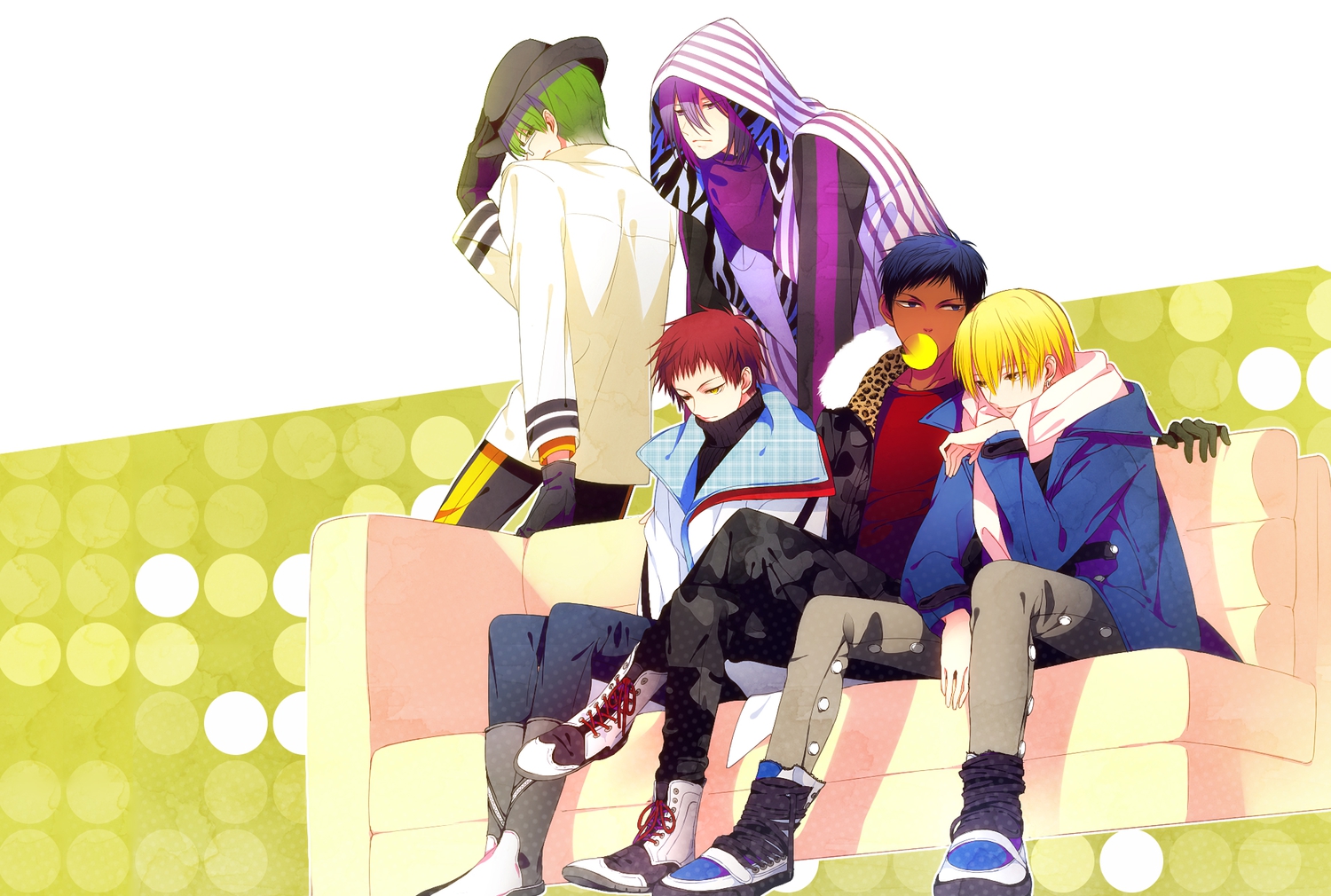 akashi_seijuurou, aliasing, all_male, aomine_daiki, bicolored_eyes, blonde_hair, couch, glasses