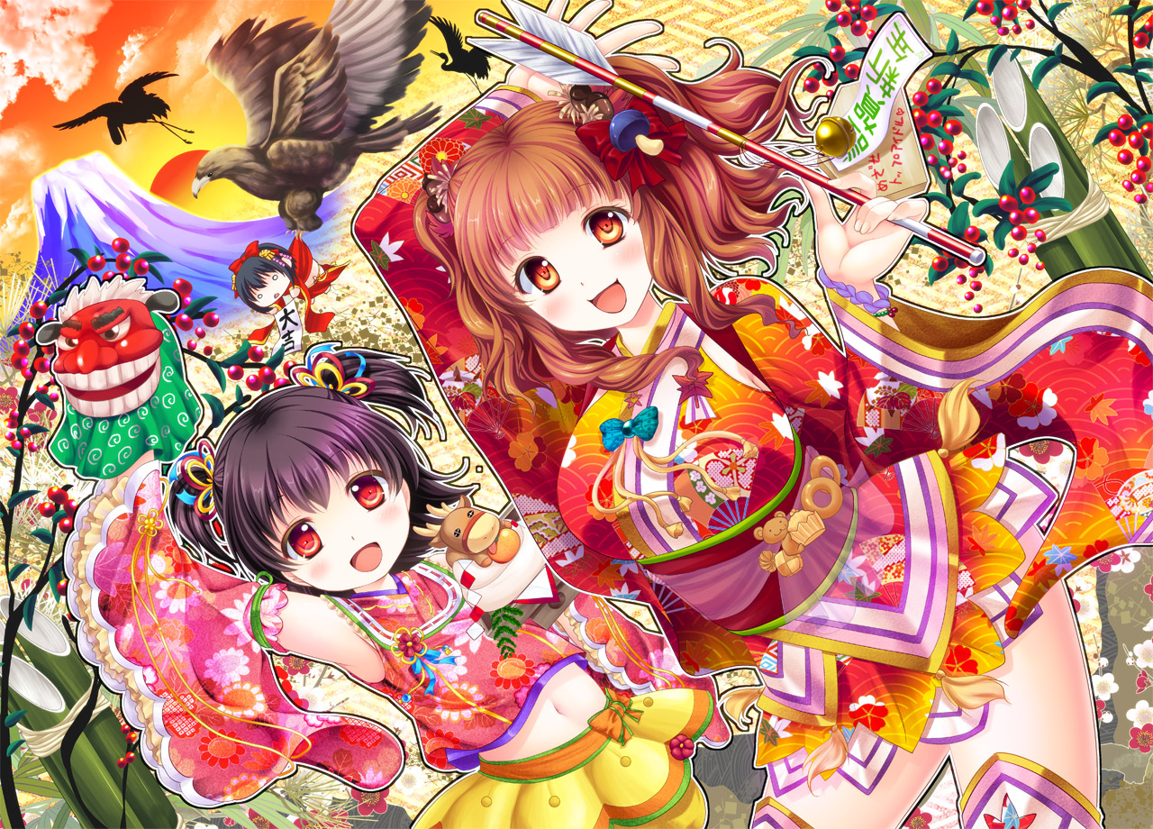 akagi_miria, animal, bell, bird, black_hair, blush, brown_eyes, brown_hair, chibi, idolmaster, idolmaster_cinderella_girls, japanese_clothes, kimono, loli, long_hair, mask, matsunami_rumi, moroboshi_kirari, red_eyes, short_hair, skirt, takafuji_kako, thighhighs, twintails