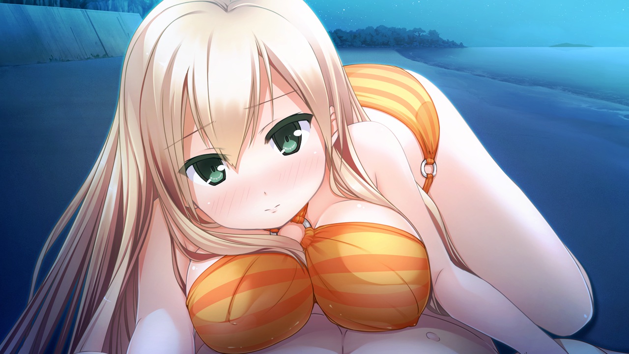 ano_ko_wa_ore_kara_hanarenai, beach, bikini, blonde_hair, blush, game_cg, giga, green_eyes