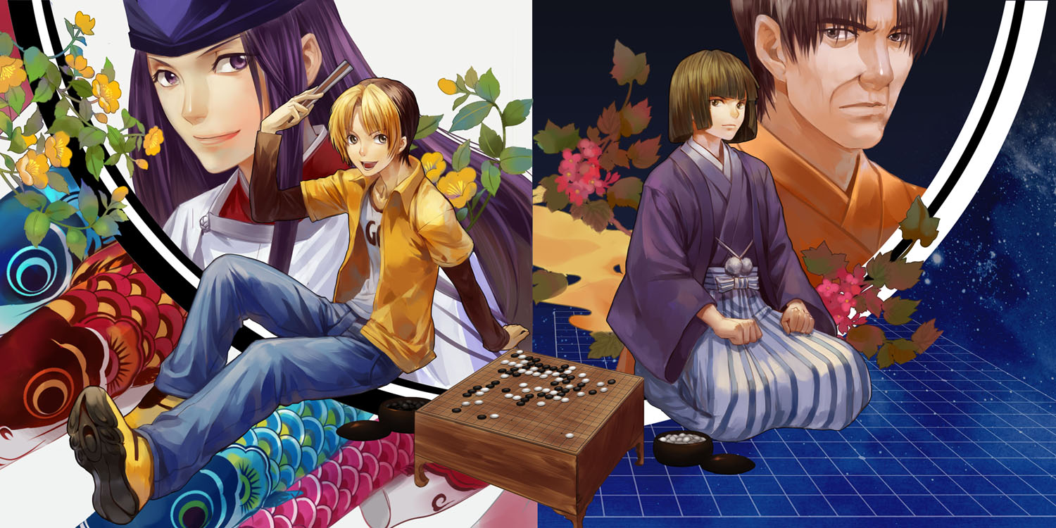 all_male, animal, blonde_hair, brown_eyes, brown_hair, fish, fujiwara_no_sai, hat, hikaru_no_go, japanese_clothes, jpeg_artifacts, kimono, long_hair, male, purple_eyes, purple_hair, qian_qiu, shindou_hikaru, short_hair, touya_akira