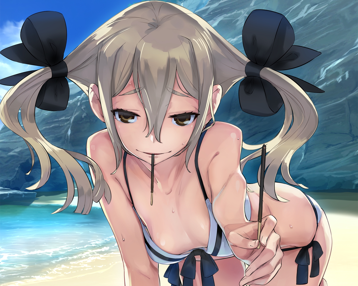 beach, bikini, breasts, cleavage, food, fukuda_tomonori, koujiro_frau, pocky