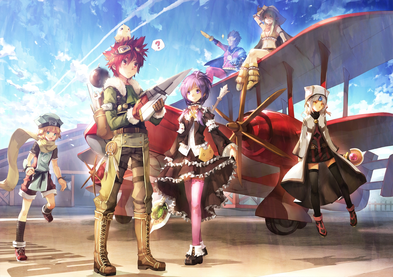 aircraft, aisha_(elsword), animal, azuma_reiji, bird, blonde_hair, blue_eyes, blush, boots, brown_hair, chung_(elsword), clouds, dress, elsword, elsword_(character), eve_(elsword), feathers, goggles, green_eyes, green_hair, group, hat, long_hair, male, mask, pointed_ears, purple_eyes, purple_hair, raven_(elsword), red_eyes, red_hair, rena_(elsword), ribbons, scarf, scorpion5050, short_hair, shorts, sky, thighhighs, weapon, white_hair, yellow_eyes, zwei_ii