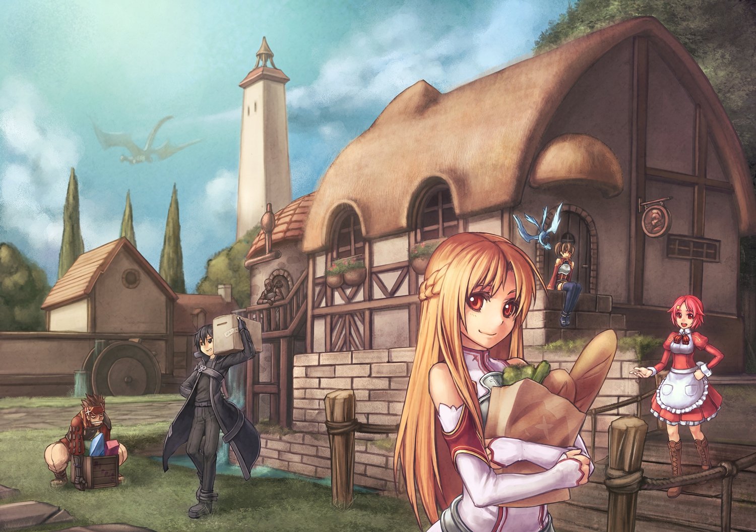 ayano_keiko, clouds, dragon, kirigaya_kazuto, landscape, rotix, scenic, shinozaki_rika