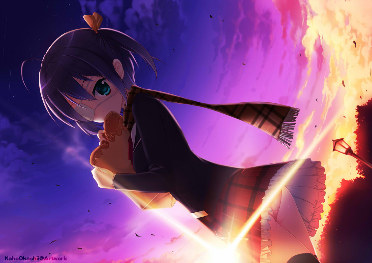 aqua_eyes, ass, bow, chuunibyou_demo_koi_ga_shitai!, eyepatch, food, jpeg_artifacts, kaho_okashii