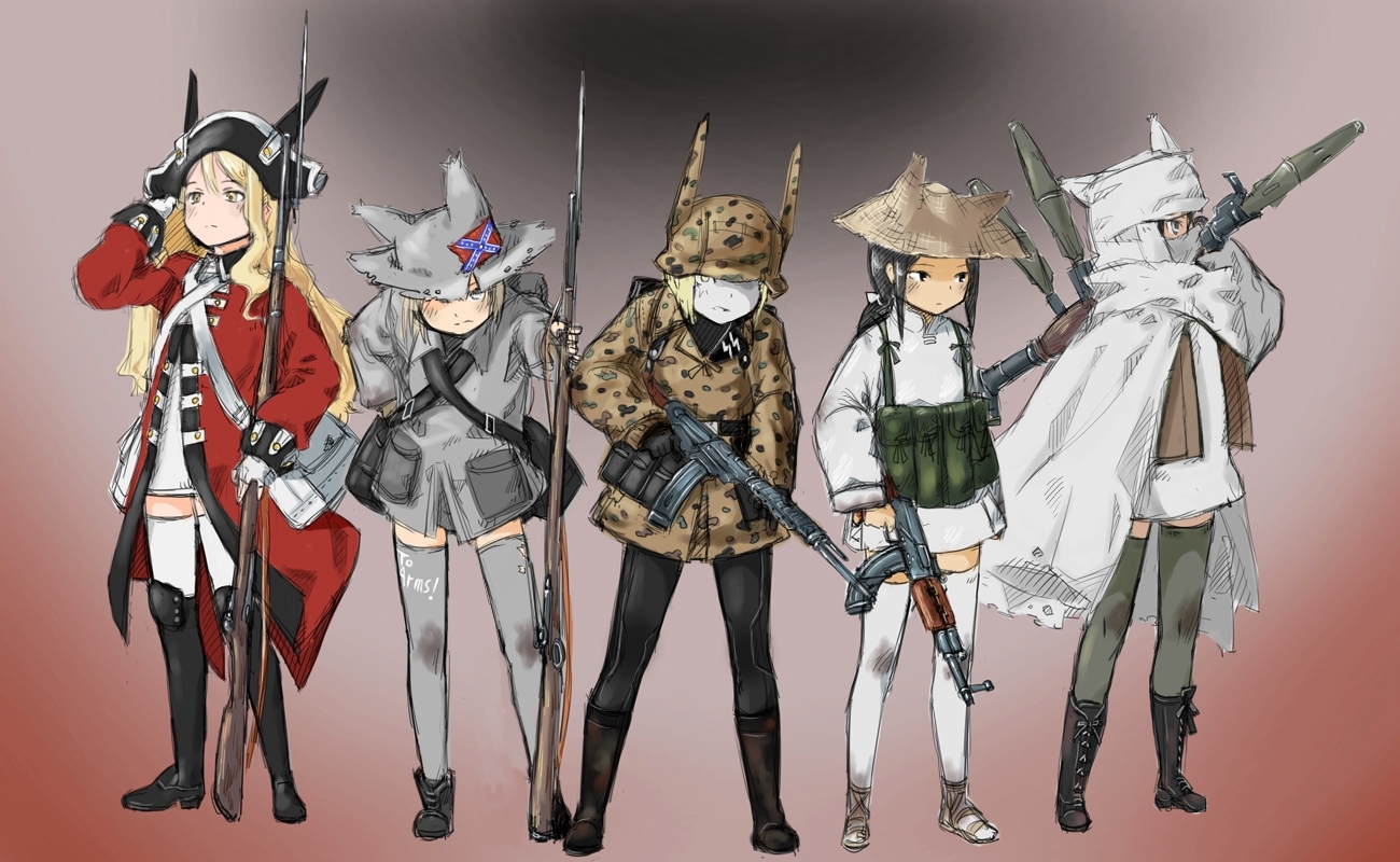 animal_ears, coh, group, gun, hat, pantyhose, thighhighs, uniform