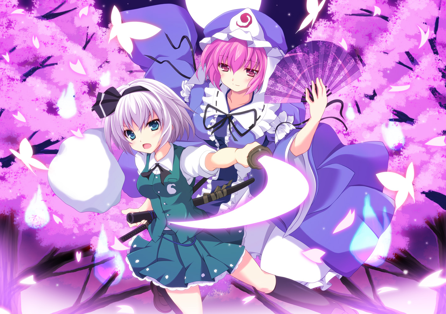 bow, butterfly, cherry_blossoms, cross_(crossryou), dress, fan, flowers, hat, konpaku_youmu, moon, myon, night, petals, saigyouji_yuyuko, short_hair, sword, thighhighs, touhou, tree, weapon