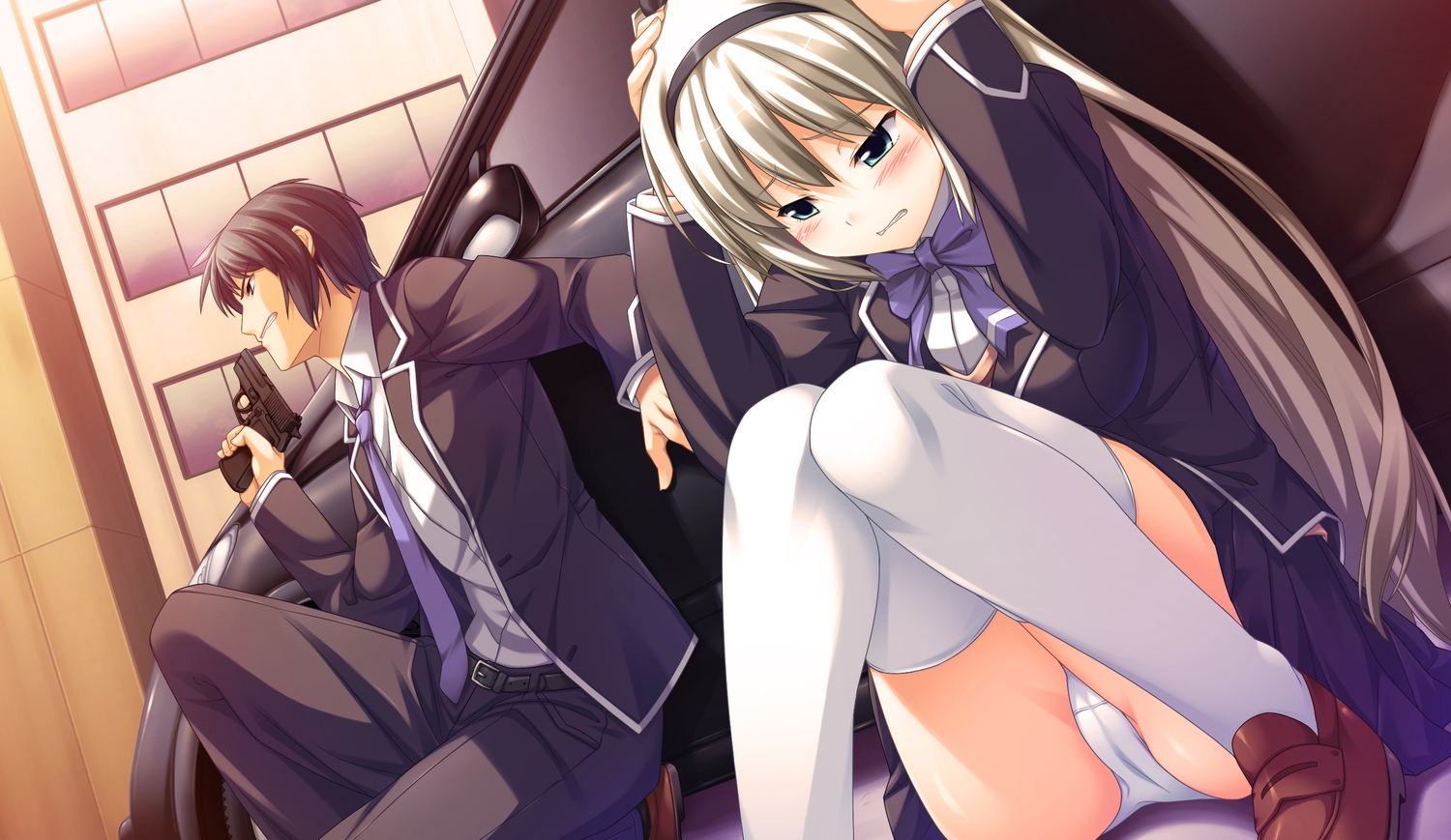 blush, game_cg, hajikano_shizuku, headband, panties, racer_(magnet), sinclient, underwear, weapon