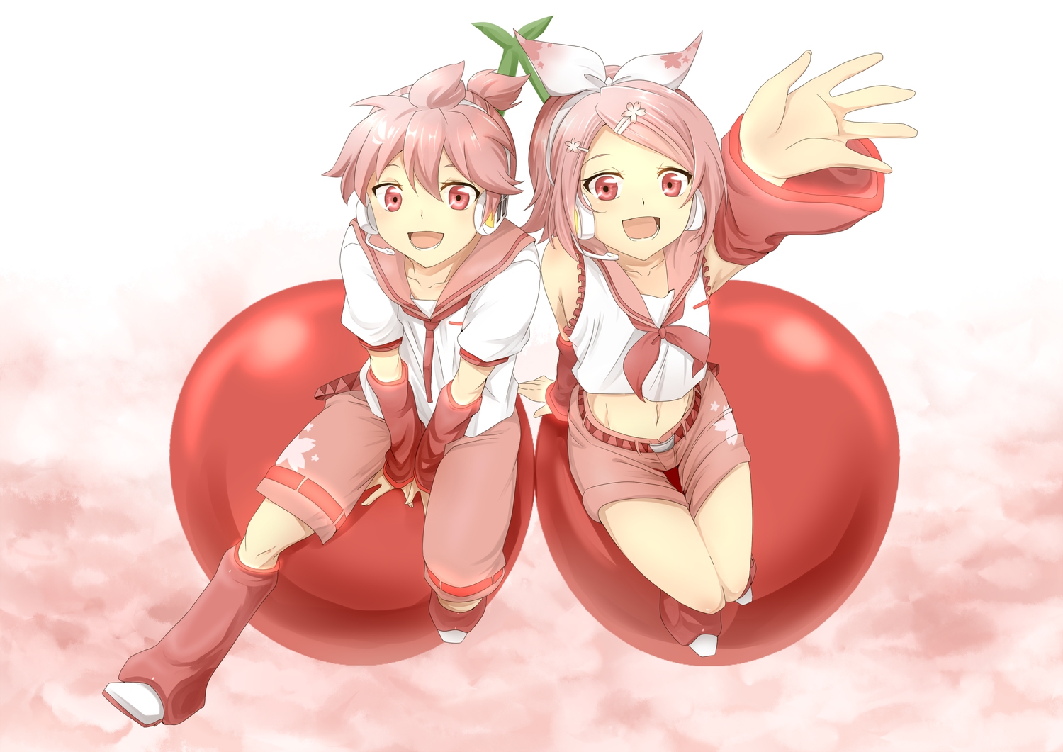 cherry, food, fruit, headphones, kagamine_len, kagamine_rin, male, pink_eyes