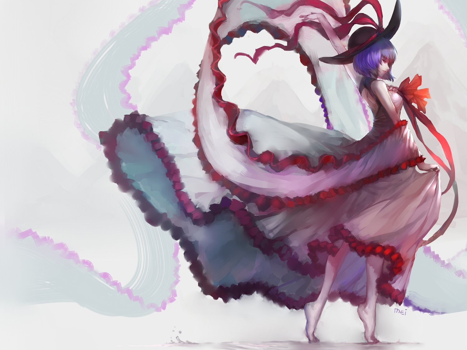 barefoot, blue_hair, dress, hat, m874, nagae_iku, short_hair, touhou
