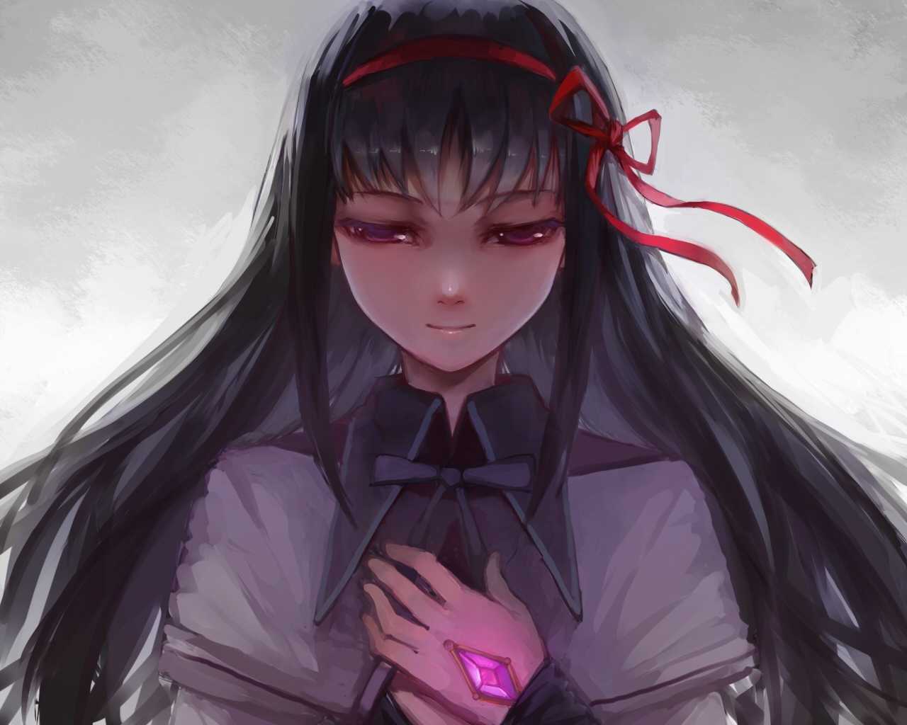 akemi_homura, black_hair, long_hair, m874, mahou_shoujo_madoka_magica, purple_eyes, ribbons