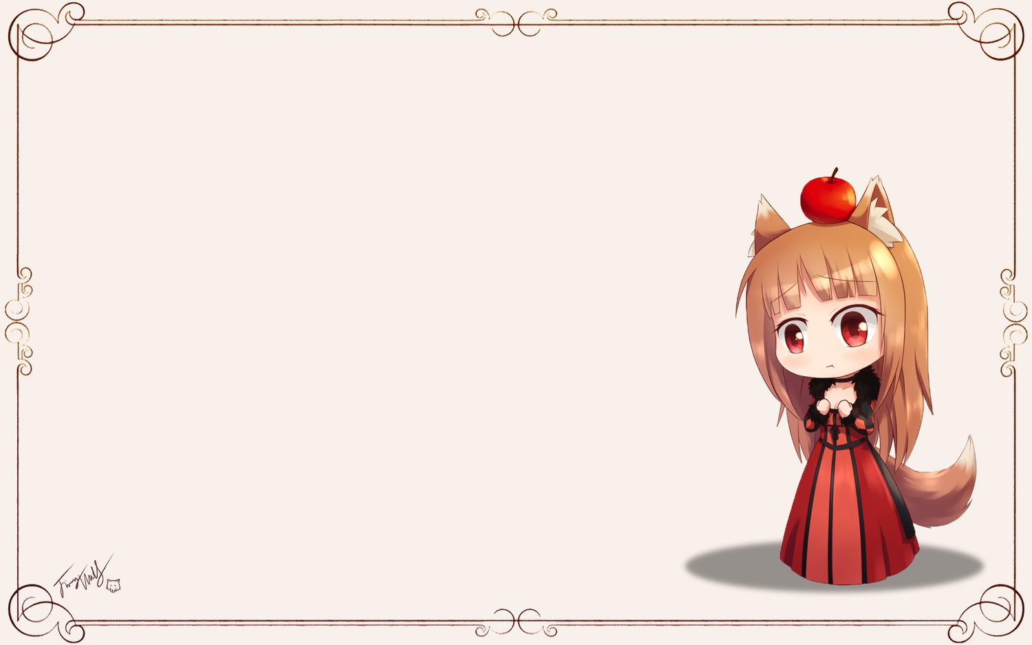 animal_ears, apple, blush, brown_hair, chibi, cosplay, food, fruit