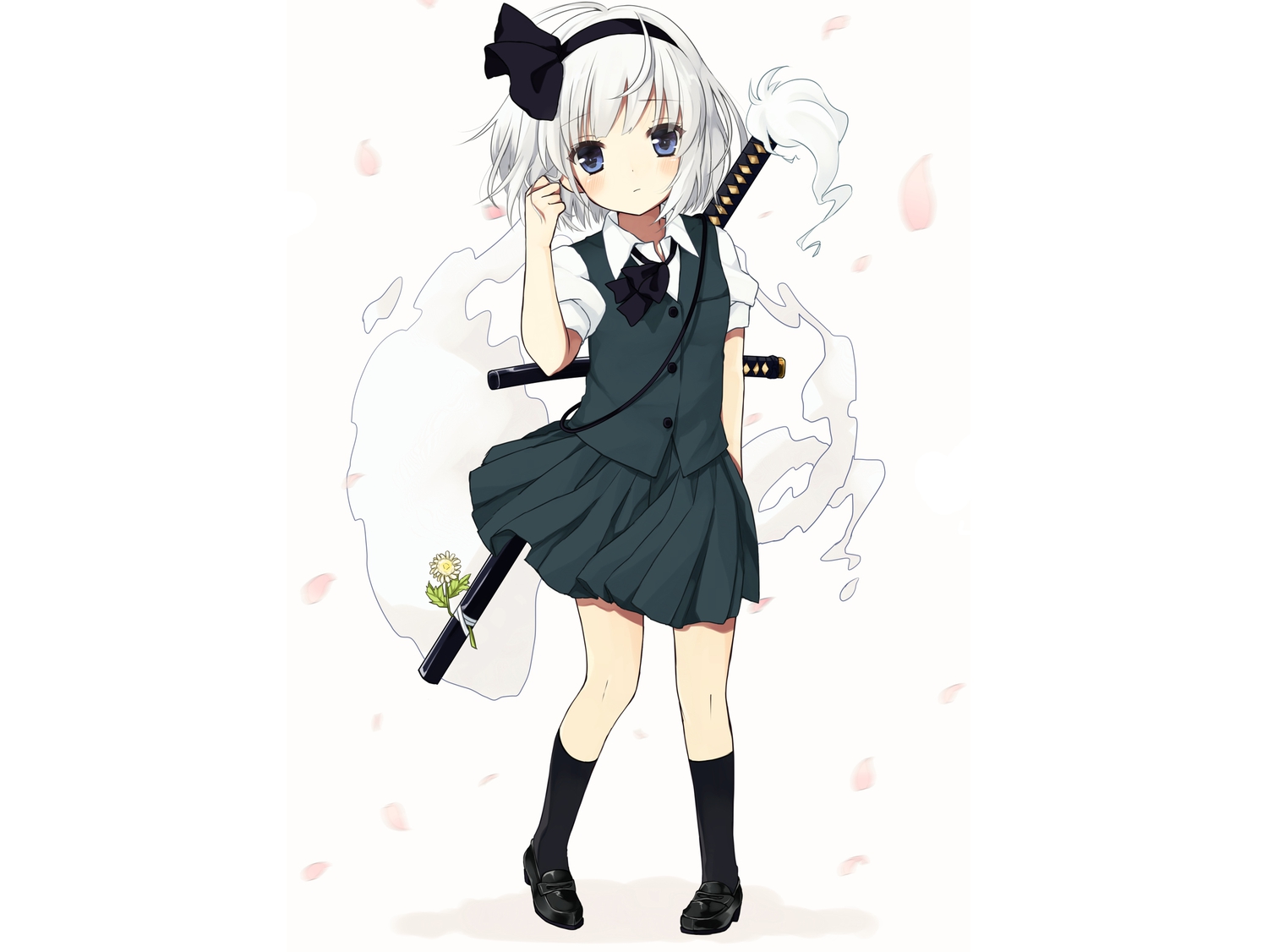 blue_eyes, gray_hair, katana, konpaku_youmu, myon, petals, purin_jiisan, sword, touhou, weapon