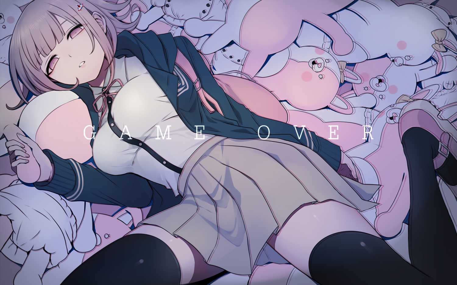 bow, brown_hair, bunny, dangan-ronpa, dangan-ronpa_2, doll, harano, nanami_chiaki, pink_eyes, school_uniform, short_hair, skirt, teddy_bear, thighhighs, zettai_ryouiki