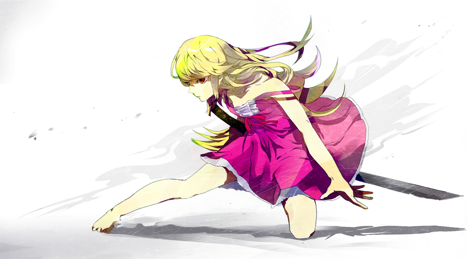 barefoot, blonde_hair, itou, long_hair, monogatari_(series), oshino_shinobu, red_eyes, sword, vampire, weapon, white