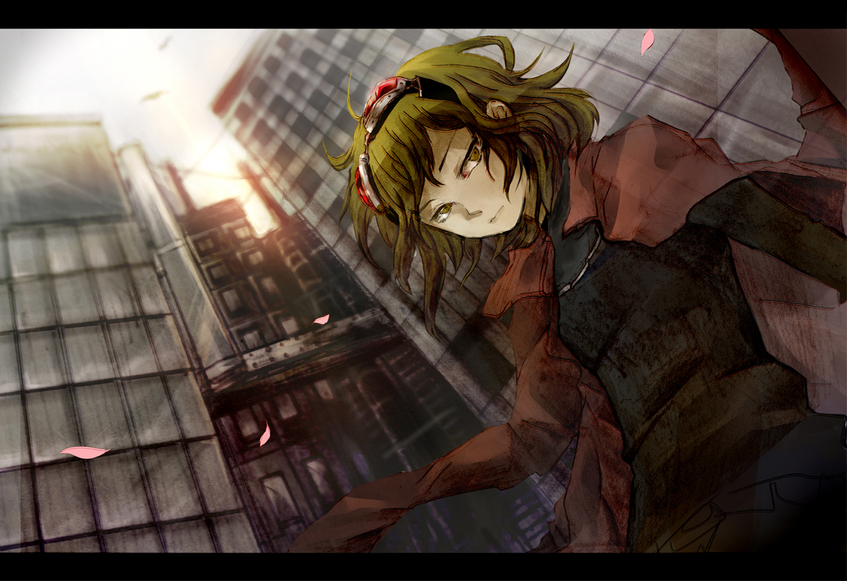 goggles, green_eyes, green_hair, gumi, itou, petals, short_hair, vocaloid
