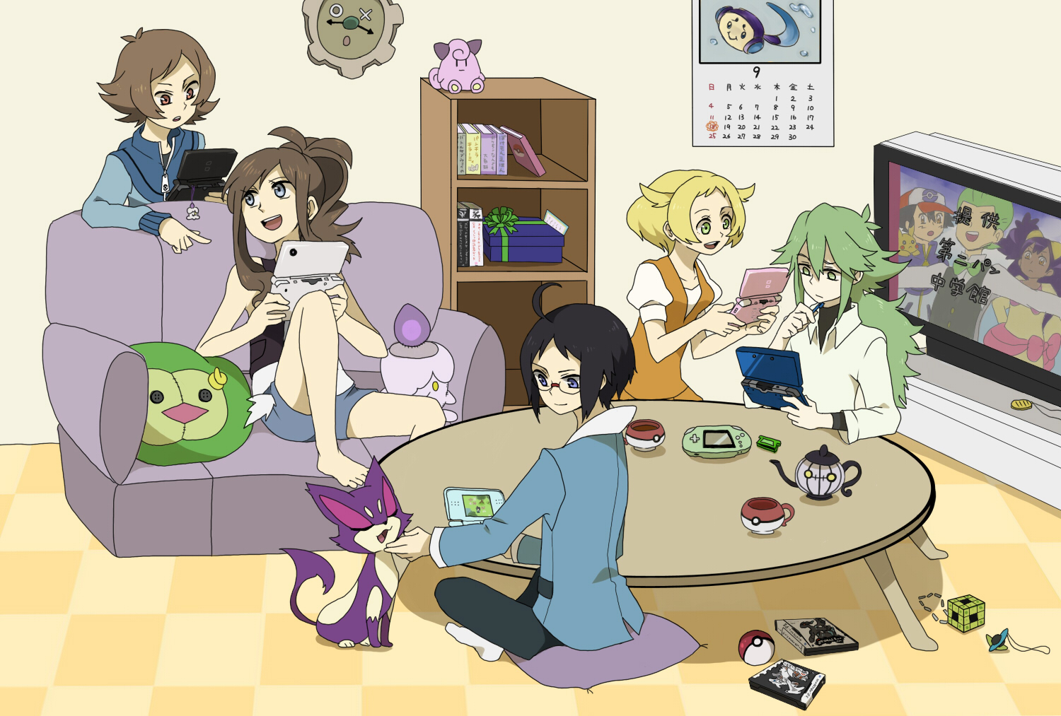 bel_(pokemon), chandelure, cheren, clefairy, game_console, iris_(pokemon), klink, litwick