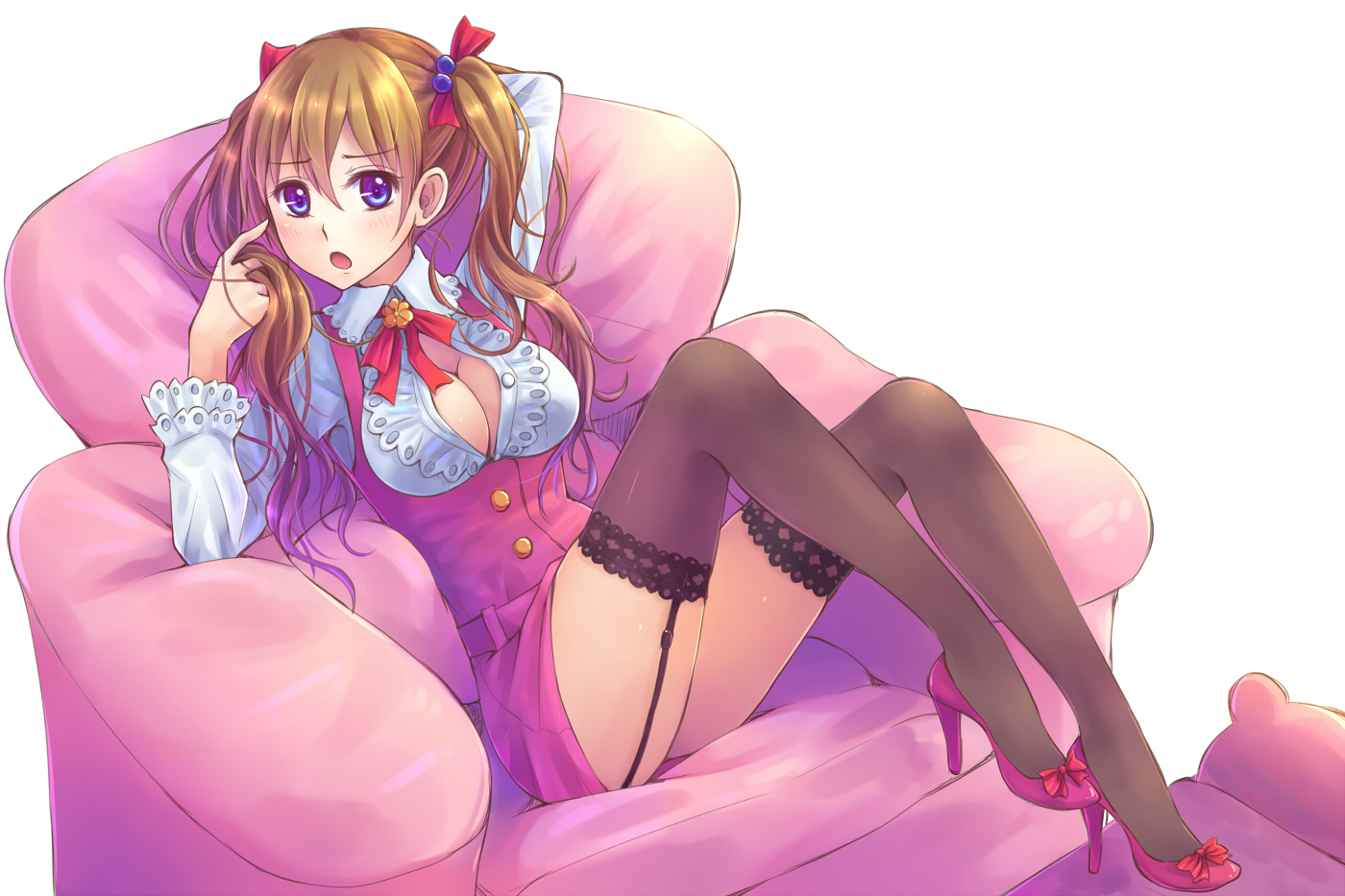 blue_eyes, breasts, brown_hair, cleavage, garter_belt, long_hair, original, stockings, suikakitsu_shiro, thighhighs, twintails