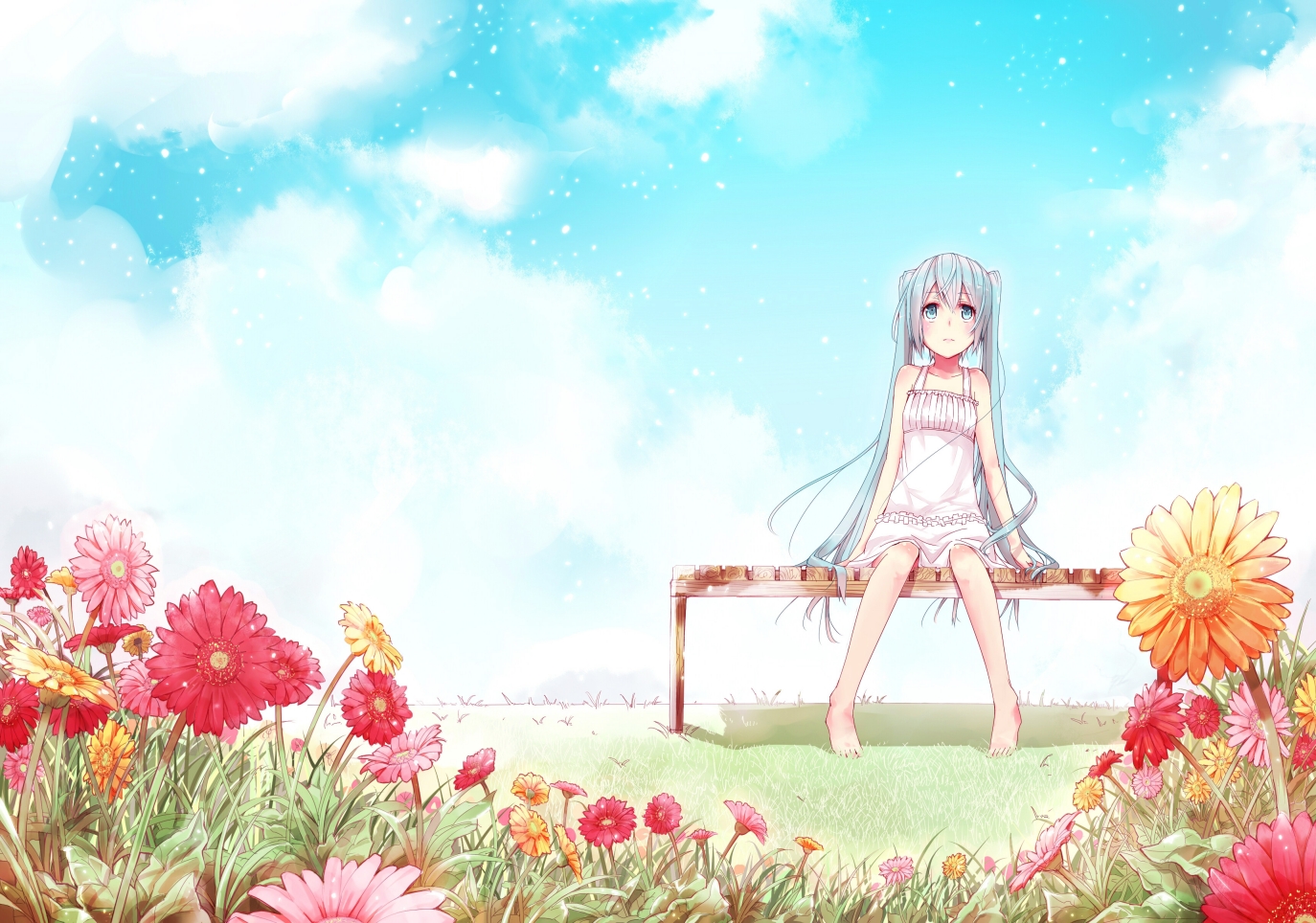 barefoot, blue_eyes, blue_hair, dress, eida@renshuuchuu, flowers, grass, hatsune_miku, long_hair, sky, vocaloid
