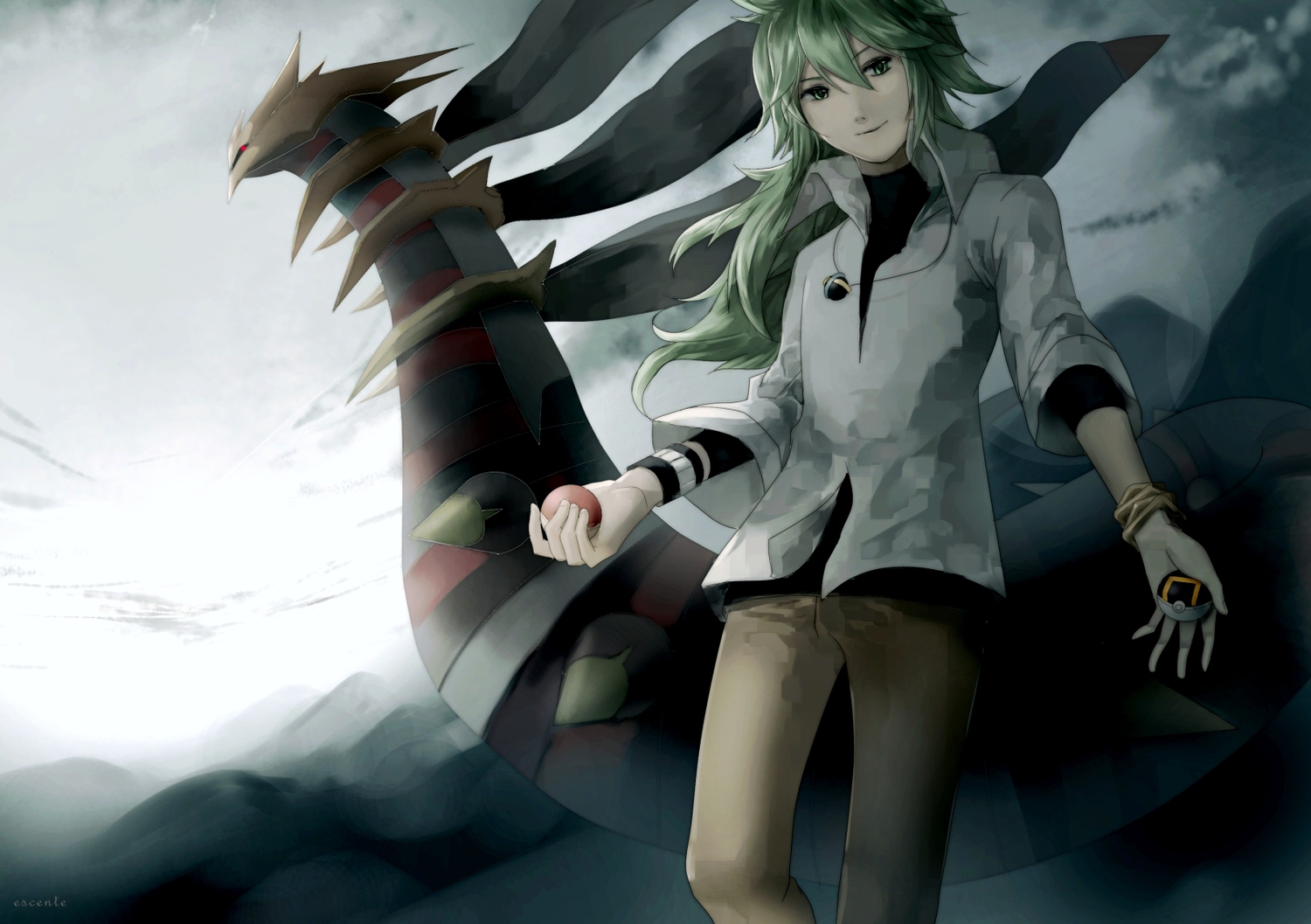 giratina, gray_eyes, green_hair, n, pokemon, watermark