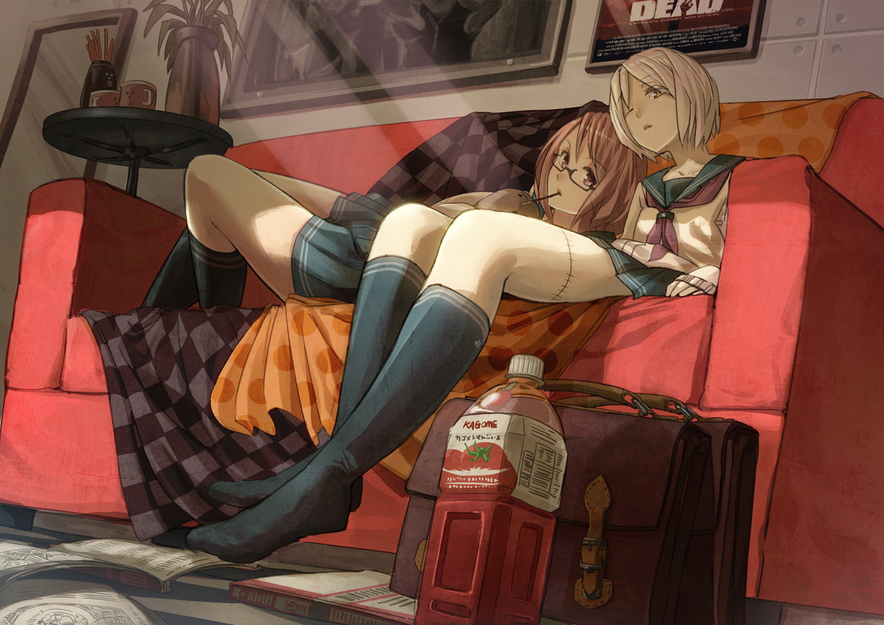 drink, fujita_(condor), glasses, original, school_uniform, socks