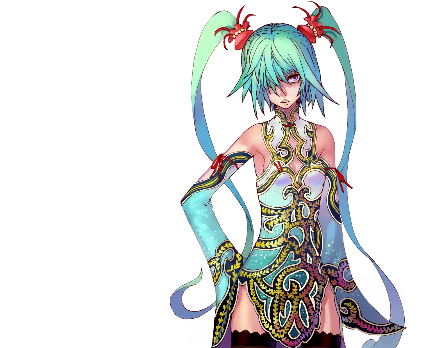 aqua_hair, chinese_clothes, chinese_dress, dress, hatsune_miku, kansou_samehada, long_hair, thighhighs, twintails, vocaloid, white