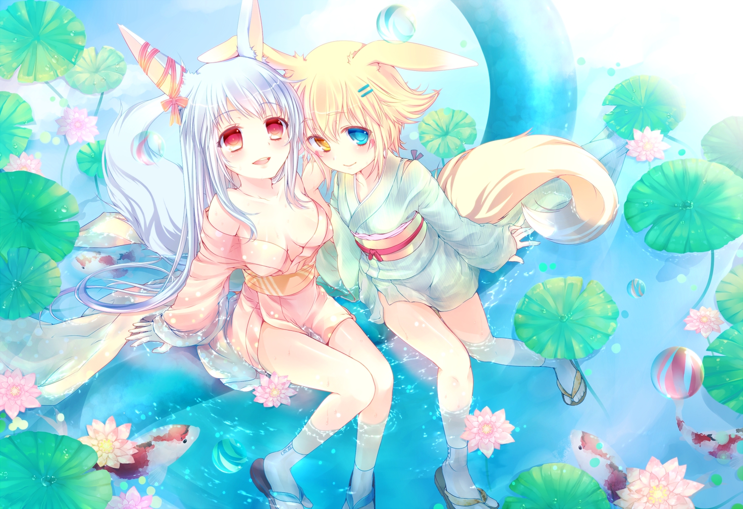 2girls, animal, animal_ears, bicolored_eyes, blonde_hair, blush, fish, flowers, gray_hair, japanese_clothes, long_hair, maryquant, original, red_eyes, ribbons, short_hair, tail, water, yukata