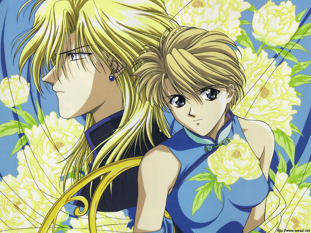 blonde_hair, blue_hair, chinese_clothes, chinese_dress, dress, flowers, fushigi_yuugi, hongo_yui, long_hair, nakago, short_hair, signed