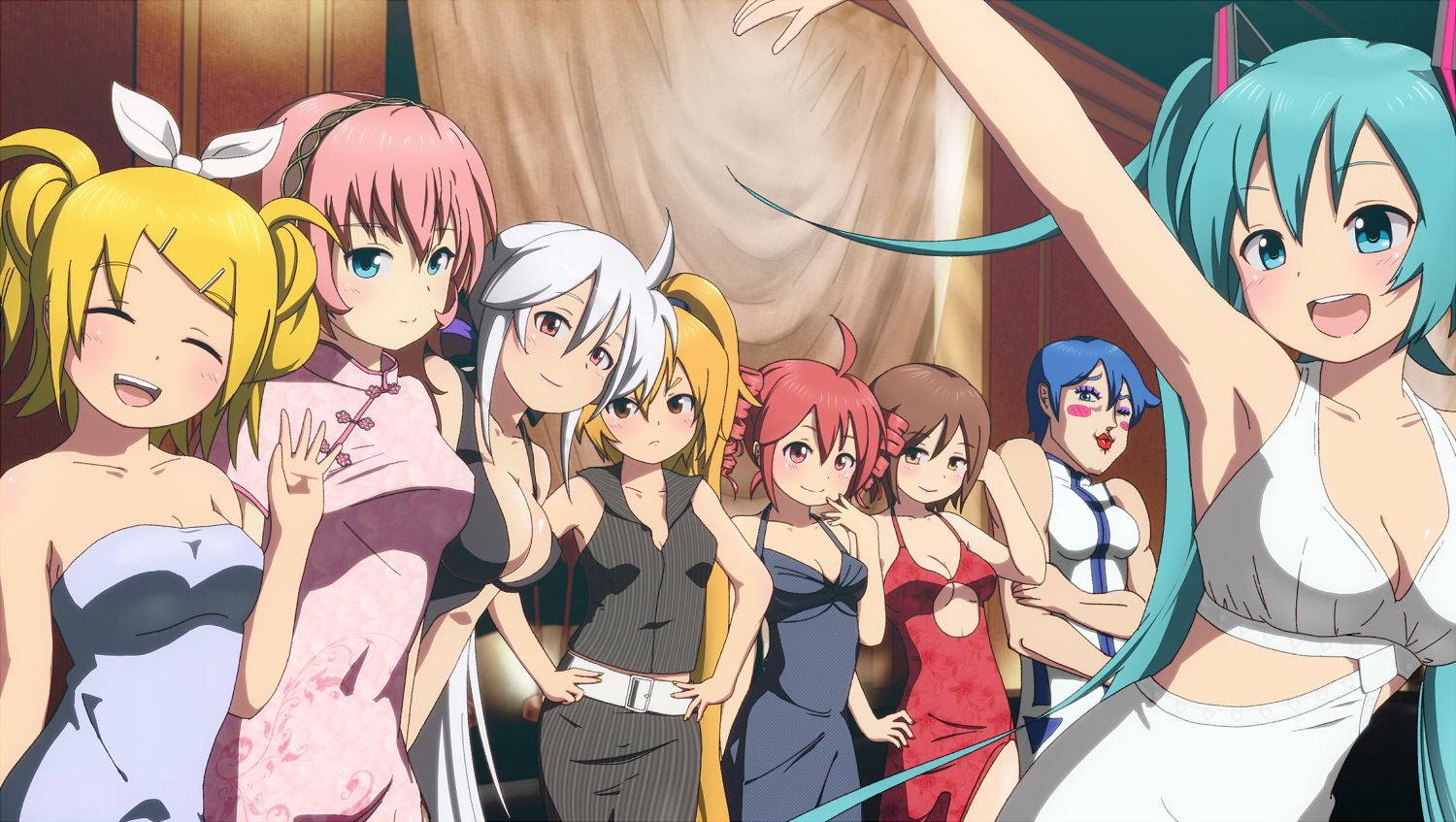 akita_neru, breasts, chinese_clothes, chinese_dress, cleavage, dress, group, hatsune_miku, kagamine_rin, kaito, kasane_teto, male, megurine_luka, meiko, otoko_no_ko, tadahama, utau, vocaloid, yowane_haku