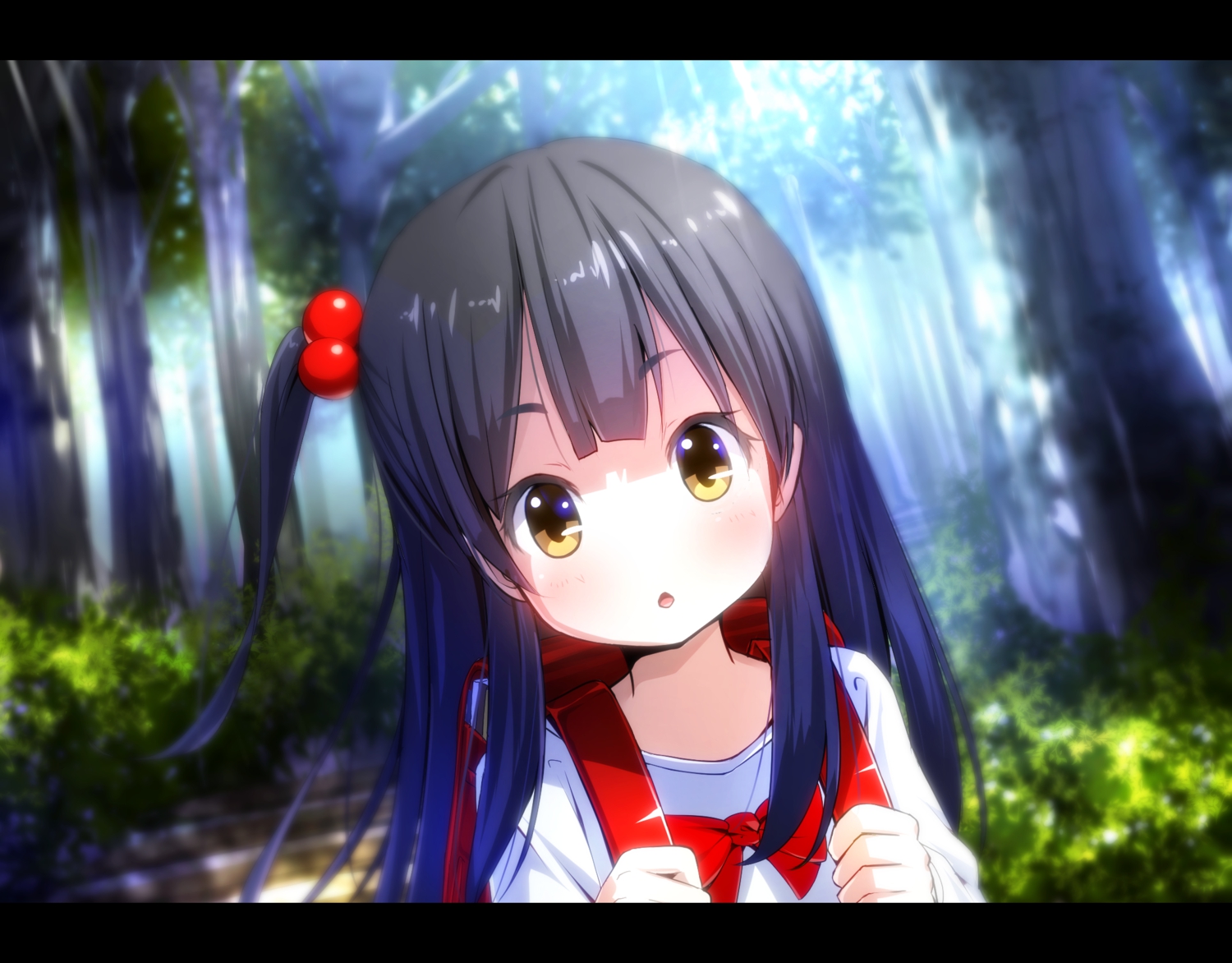 black_hair, forest, kitashirakawa_anko, ryosios, tamako_market, tree, yellow_eyes