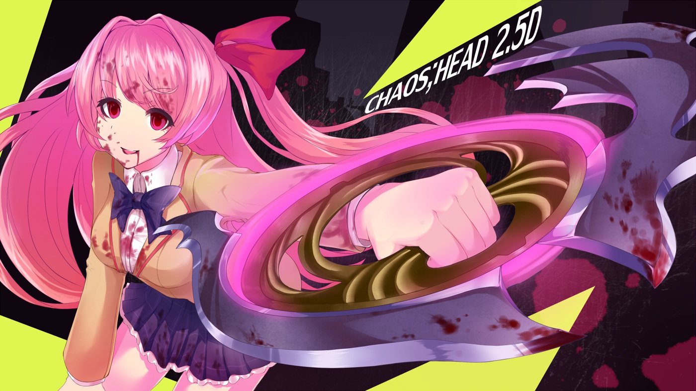blood, bow, chaos;head, long_hair, pink_eyes, pink_hair, sakihata_rimi, school_uniform