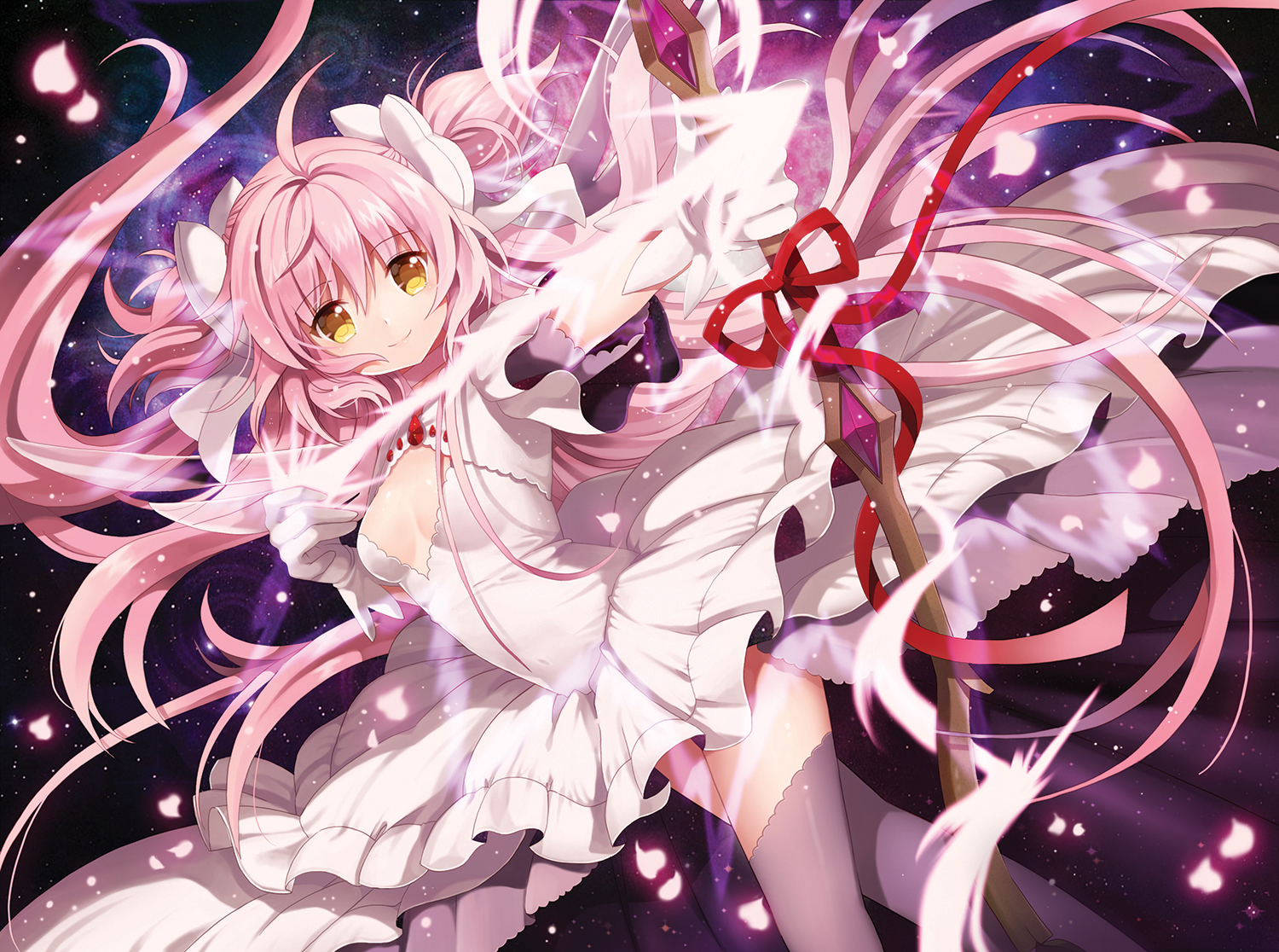 bow, bow_(weapon), dress, gloves, jpeg_artifacts, kaname_madoka, long_hair, mahou_shoujo_madoka_magica, petals, pink_hair, rednian, ribbons, thighhighs, ultimate_madoka, weapon, yellow_eyes