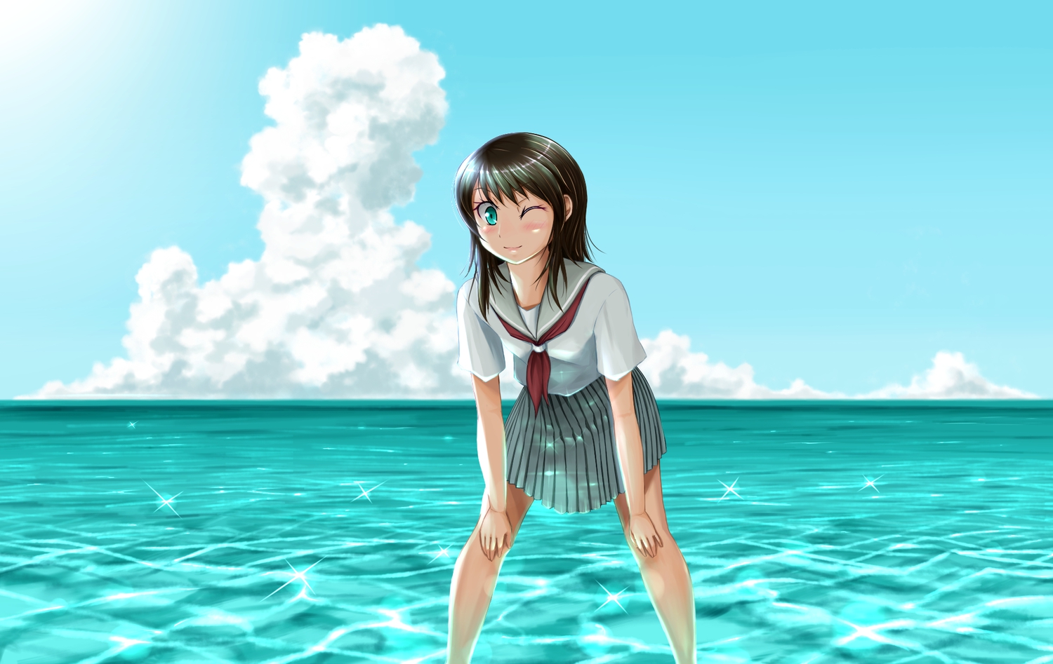 aqua_eyes, beach, black_hair, nonge, original, school_uniform, water, wink